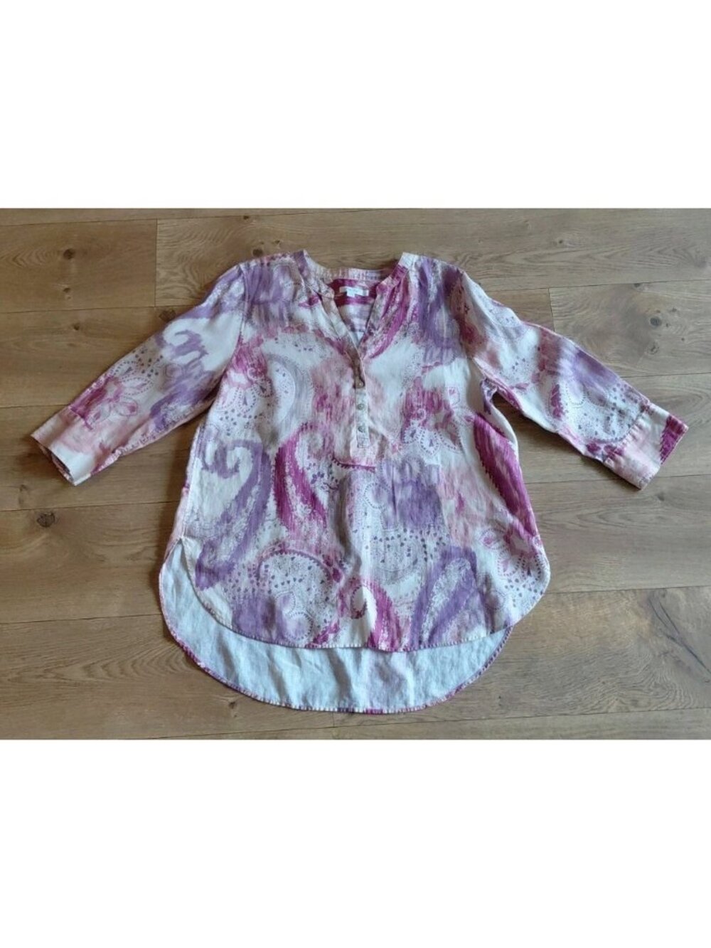 Chicos (2) No Iron Linen Paisley 3/4 Sleeve Tunic Size 12 Purple Pink Coastal